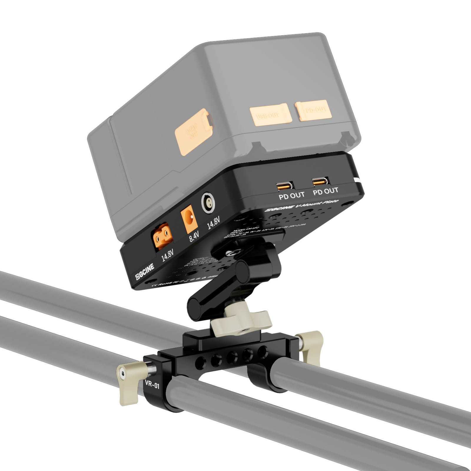 V-Mount Plate / Charger on 15mm rod mount - Tiltable - Afbeelding 4